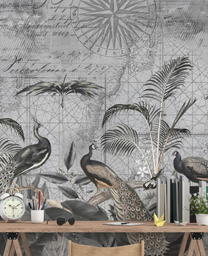gray illustrated peacocks wallpaper mural called Peacocks Clan 4 by Andrea Haase for bedrooms and living rooms gray illustrated peacocks wallpaper mural called Peacocks Clan 4 by Andrea Haase for bedrooms and living rooms