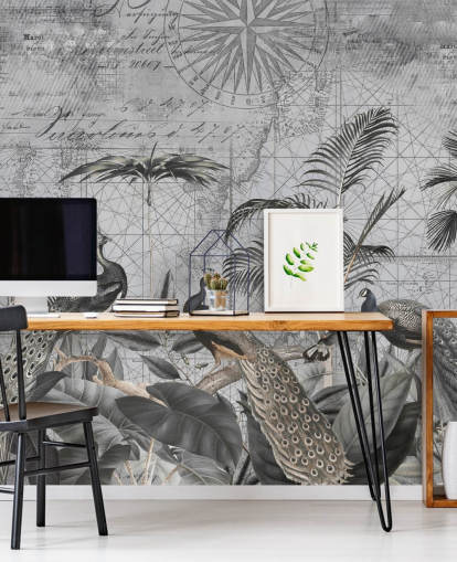 grey illustrated peacocks wallpaper mural called Peacocks Clan 4 by Andrea Haase for bedrooms and living rooms