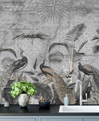 grey illustrated peacocks wallpaper mural called Peacocks Clan 4 by Andrea Haase for bedrooms and living rooms
