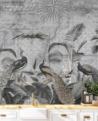 gray illustrated peacocks wallpaper mural called Peacocks Clan 4 by Andrea Haase for bedrooms and living rooms