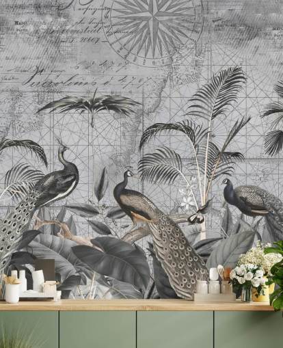 gray illustrated peacocks wallpaper mural called Peacocks Clan 4 by Andrea Haase for bedrooms and living rooms