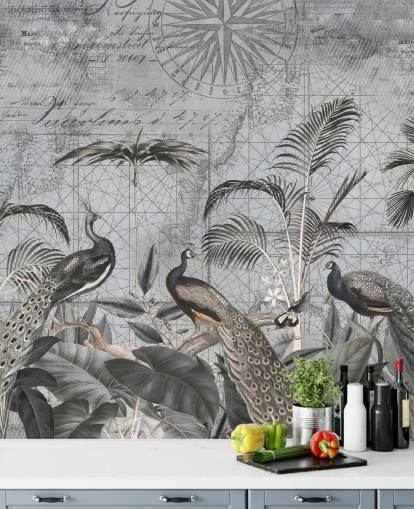 grå illustrerad påfåglar tapetväggmålning kallad Peacocks Clan 4 av Andrea Haase för sovrum och vardagsrum grå illustrerad påfåglar tapetväggmålning kallad Peacocks Clan 4 av Andrea Haase för sovrum och vardagsrum