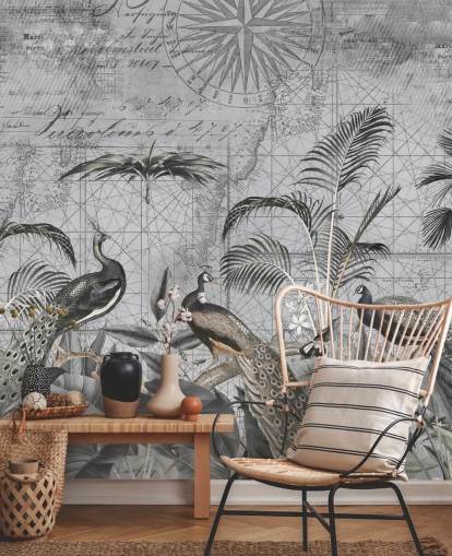 gray illustrated peacocks wallpaper mural called Peacocks Clan 4 by Andrea Haase for bedrooms and living rooms