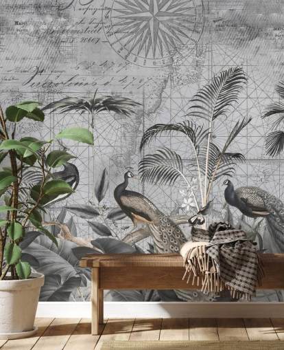 gray illustrated peacocks wallpaper mural called Peacocks Clan 4 by Andrea Haase for bedrooms and living rooms