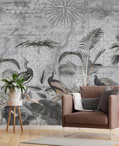 gray illustrated peacocks wallpaper mural called Peacocks Clan 4 by Andrea Haase for bedrooms and living rooms