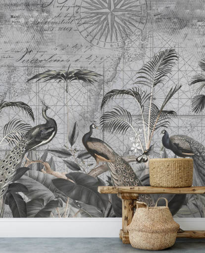 mural de papel de parede de pavões ilustrados em cinza chamado Peacocks Clan 4 de Andrea Haase para quartos e salas de estar
