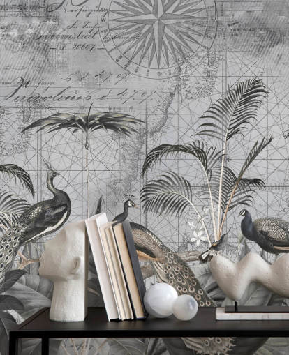 gray illustrated peacocks wallpaper mural called Peacocks Clan 4 by Andrea Haase for bedrooms and living rooms gray illustrated peacocks wallpaper mural called Peacocks Clan 4 by Andrea Haase for bedrooms and living rooms
