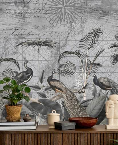 mural gris ilustrado de pavos reales llamado Peacocks Clan 4 de Andrea Haase para dormitorios y salas de estar mural gris ilustrado de pavos reales llamado Peacocks Clan 4 de Andrea Haase para dormitorios y salas de estar