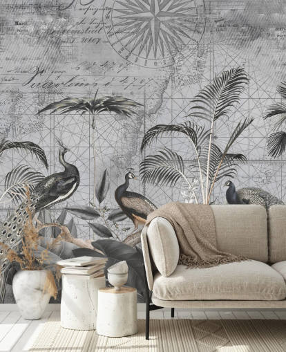 gray illustrated peacocks wallpaper mural called Peacocks Clan 4 by Andrea Haase for bedrooms and living rooms