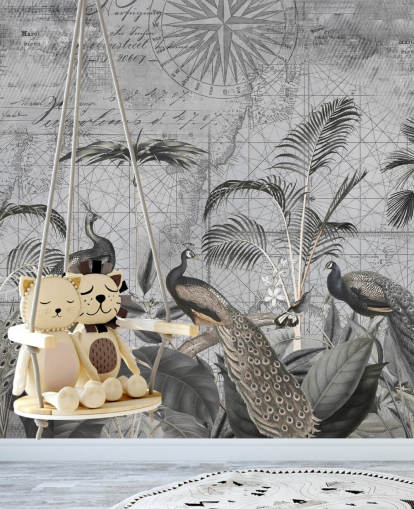 grey illustrated peacocks wallpaper mural called Peacocks Clan 4 by Andrea Haase for bedrooms and living rooms