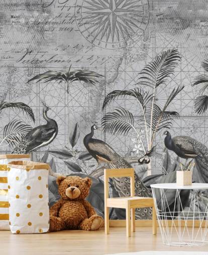 mural de papel de parede de pavões ilustrados em cinza chamado Peacocks Clan 4 de Andrea Haase para quartos e salas de estar