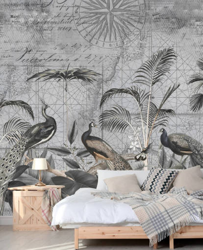 mural de papel de parede de pavões ilustrados em cinza chamado Peacocks Clan 4 de Andrea Haase para quartos e salas de estar