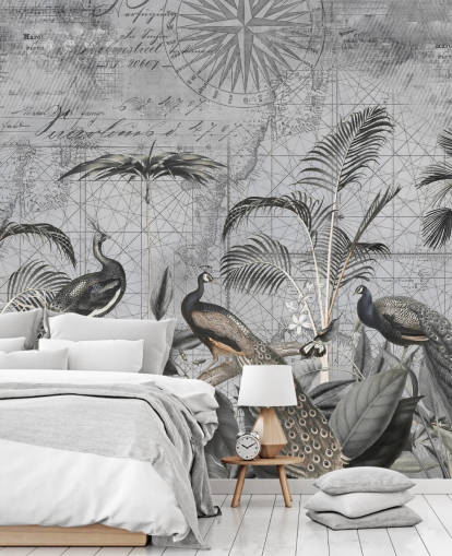 mural gris ilustrado de pavos reales llamado Peacocks Clan 4 de Andrea Haase para dormitorios y salas de estar