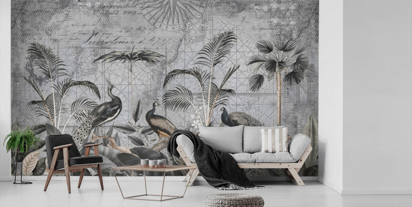 grey illustrated peacocks wallpaper mural called Peacocks Clan 4 by Andrea Haase for bedrooms and living rooms