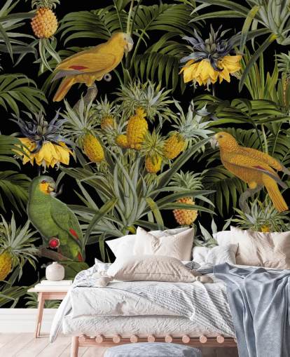 fondo de pantalla de la jungla de loros, piñas y hojas de palma fondo de pantalla de la jungla de loros, piñas y hojas de palma