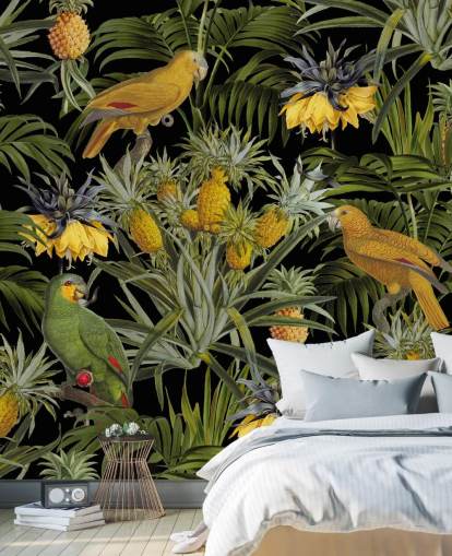 fondo de pantalla de la jungla de loros, piñas y hojas de palma