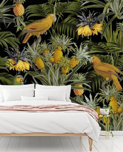 papier peint de la jungle avec des perroquets, des ananas et des feuilles de palmier