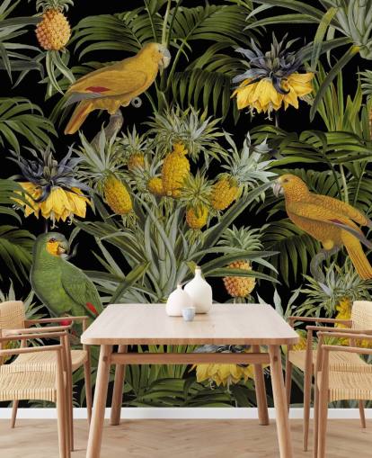 parrots, pineapples and palm leaves jungle wallpaper