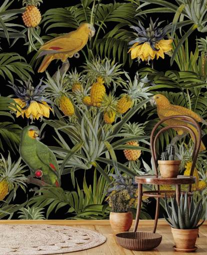 papegaaien, ananassen en palmbladeren junglebehang