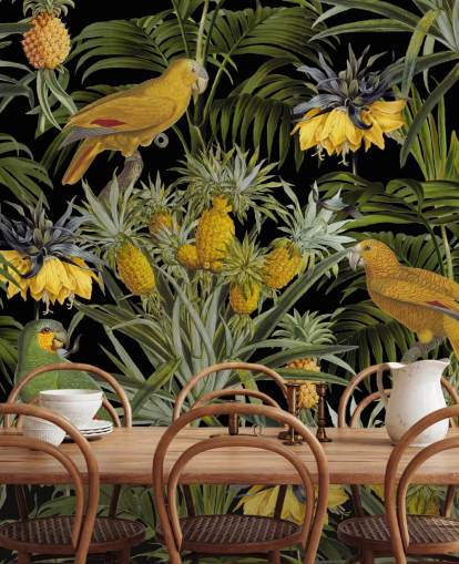 parrots, pineapples and palm leaves jungle wallpaper