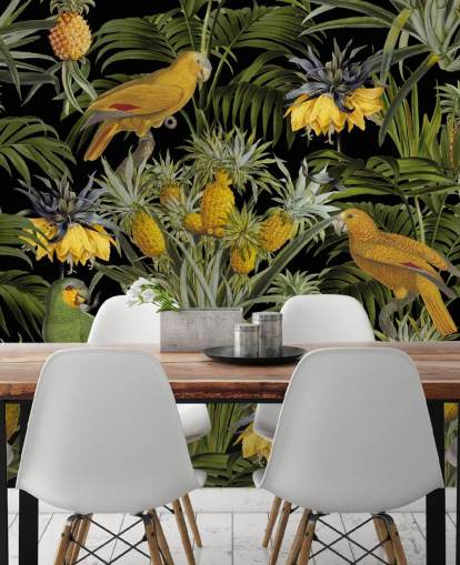 parrots, pineapples and palm leaves jungle wallpaper