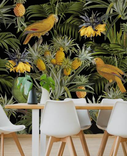 papegøjer, ananas og palmeblade jungle tapet