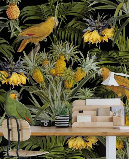 papegaaien, ananassen en palmbladeren junglebehang