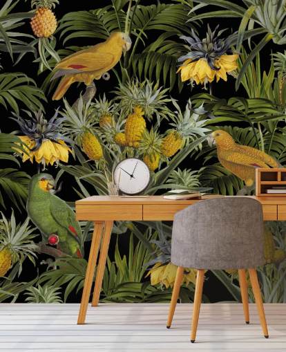 fondo de pantalla de la jungla de loros, piñas y hojas de palma