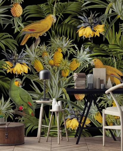 papier peint de la jungle avec des perroquets, des ananas et des feuilles de palmier