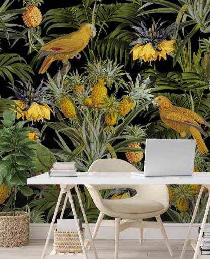 parrots, pineapples and palm leaves jungle wallpaper