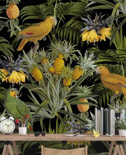 papier peint de la jungle avec des perroquets, des ananas et des feuilles de palmier