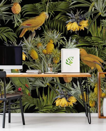 fondo de pantalla de la jungla de loros, piñas y hojas de palma