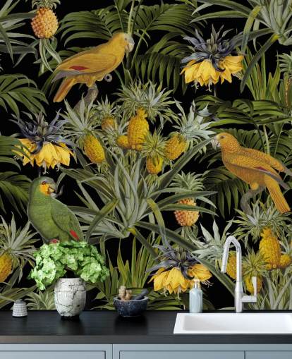 parrots, pineapples and palm leaves jungle wallpaper