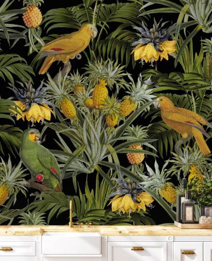 papegaaien, ananassen en palmbladeren junglebehang
