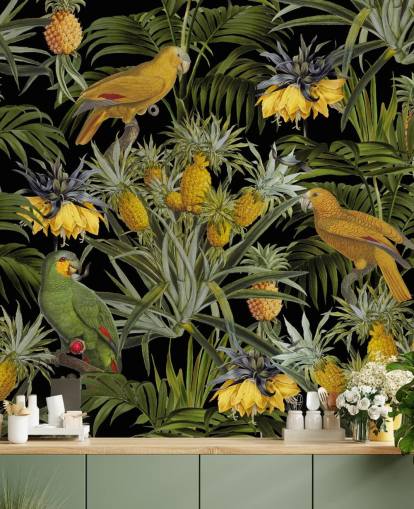 papier peint de la jungle avec des perroquets, des ananas et des feuilles de palmier