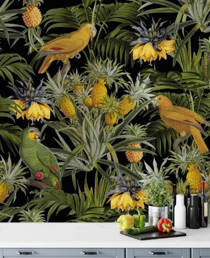 papegaaien, ananassen en palmbladeren junglebehang