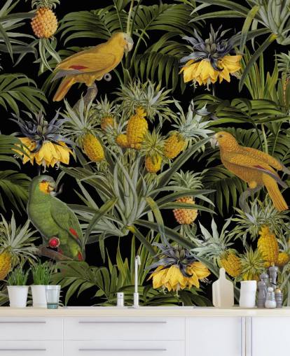 papegøjer, ananas og palmeblade jungle tapet
