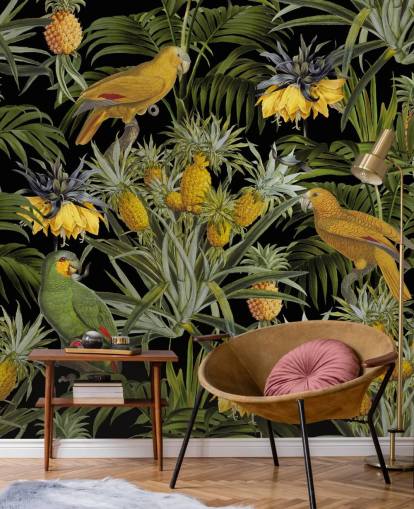 papegøjer, ananas og palmeblade jungle tapet