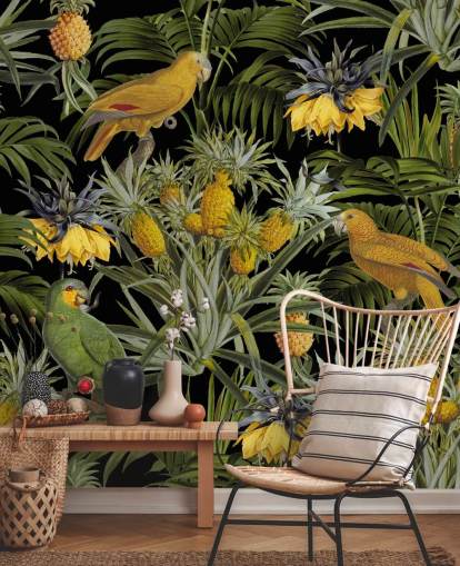 papier peint de la jungle avec des perroquets, des ananas et des feuilles de palmier