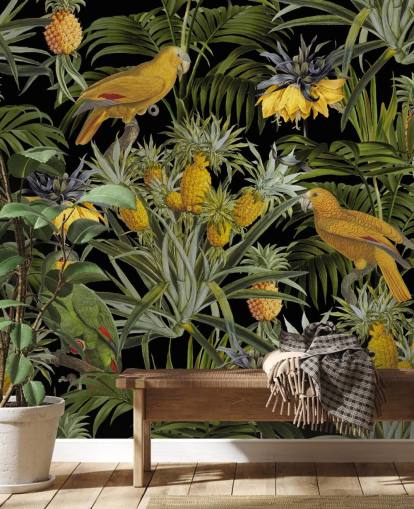 papegøjer, ananas og palmeblade jungle tapet