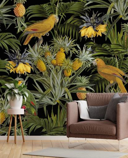 papegaaien, ananassen en palmbladeren junglebehang papegaaien, ananassen en palmbladeren junglebehang
