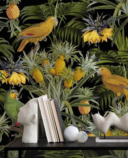papegaaien, ananassen en palmbladeren junglebehang papegaaien, ananassen en palmbladeren junglebehang