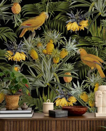 fondo de pantalla de la jungla de loros, piñas y hojas de palma fondo de pantalla de la jungla de loros, piñas y hojas de palma