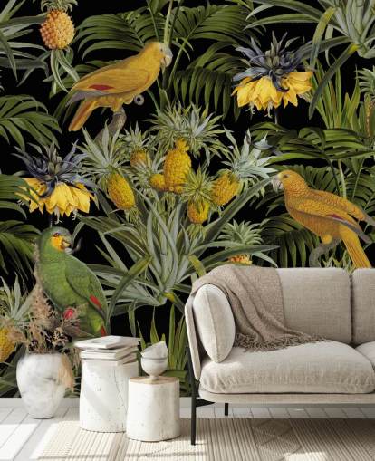parrots, pineapples and palm leaves jungle wallpaper