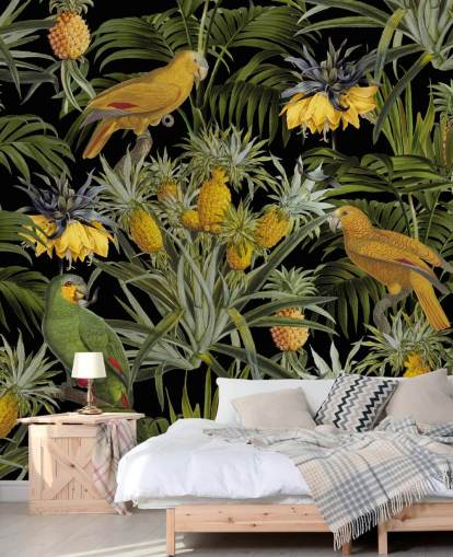 papegøjer, ananas og palmeblade jungle tapet