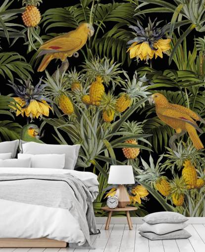 papier peint de la jungle avec des perroquets, des ananas et des feuilles de palmier papier peint de la jungle avec des perroquets, des ananas et des feuilles de palmier