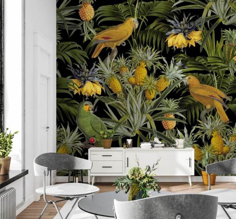 parrots, pineapples and palm leaves jungle wallpaper