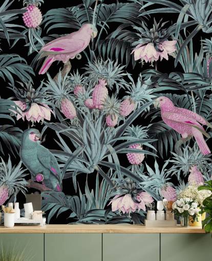 sepia papegaaien in jungle behang