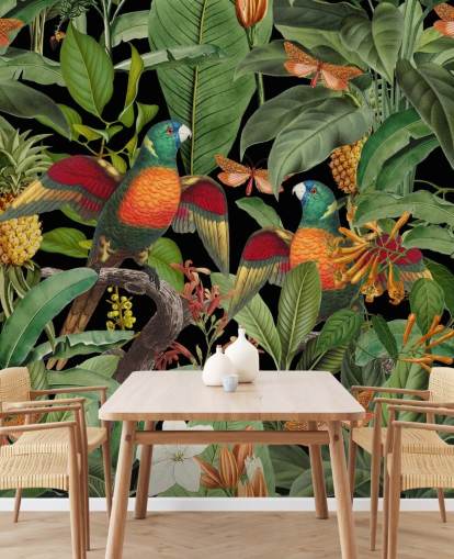 parrots, moths and jungle wallpaper
