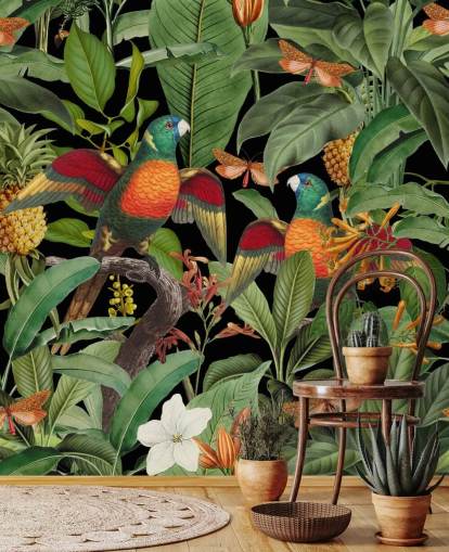 parrots, moths and jungle wallpaper